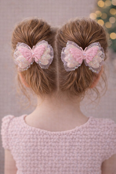 LİA CLİPS CO Kız Çocuk Simli Tüllü Kelebek Toka Seti