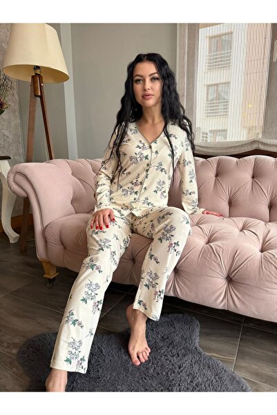 Soft Green - Luxury - Çiçek Desenli Önden Düğmeli Kadın Pijama Takımı