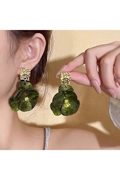 Atelier Çağla Women's Gold Design Dangle Big Green Flower Earrings