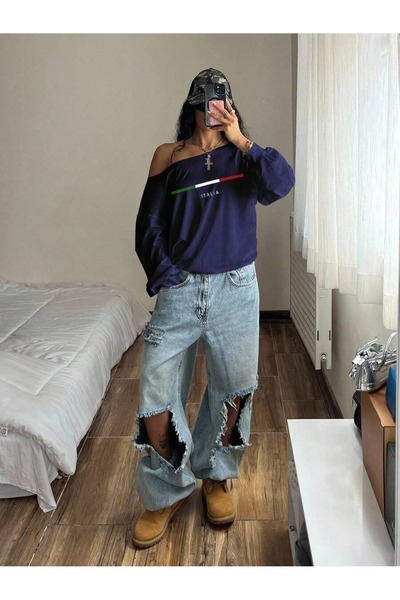 OVER HEAD Hanorac oversize cu imprimeu Italia și guler bărcuță pentru femei