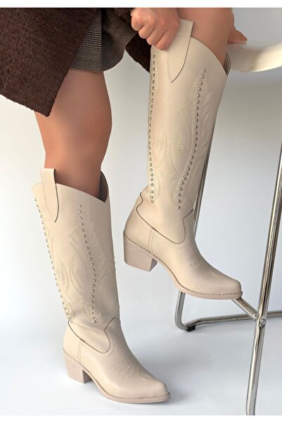BESKAR Meof Beige Leather Heeled Boots