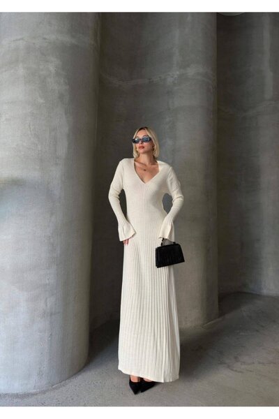 TrendParis V-Neck Long Sleeve Corded Fabric Knitwear Dress