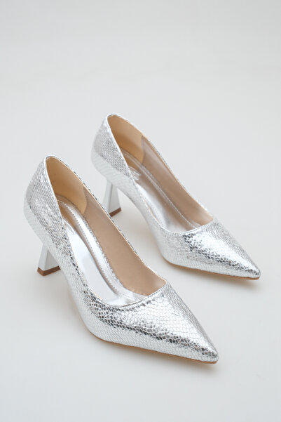 ELAIA SHOES Liora Women's Silver Snake Textured Pointed Toe Thin Heeled Shoes