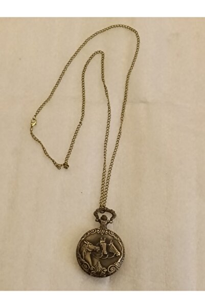 Butik Tülin Unisex otantik bronz üç at baş köstekli cep saati kolye 4.5x4.7 c...