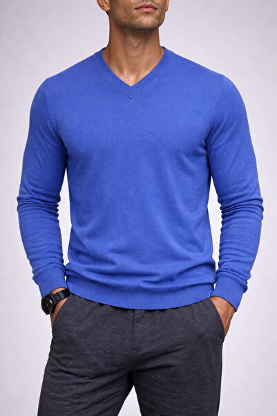 COMBİNE MİCHAİL Pulover tricotat albastru cu mânecă lungă și decolteu în V pe...