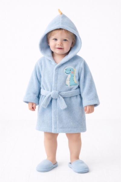 Superbaby Baby cotton bathrobe with hood and dinosaur applique and slippers