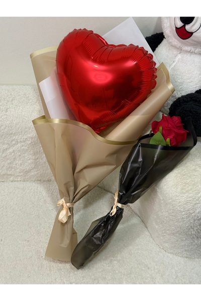 nesshomeeart Kalpli Balon Buketi Ve Kırmızı Gül İkili Set Sevgiliye Özel Gün ...