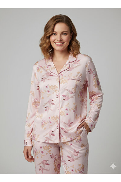 Mihra Patterned Front Buttoned Plus Size Viscose Pajama Set