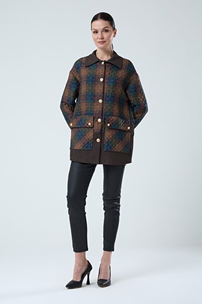 Jupe Kadın Ekose Kapitone Kot Garnili Düğme Detaylı Kap 9291