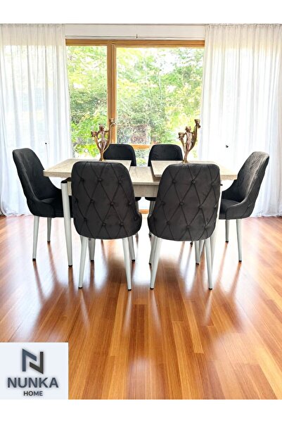 NUNKA HOME Şato Serisi Mutfak ve Salon Yemek Masası Takımı Antrasit +6 Sandal...