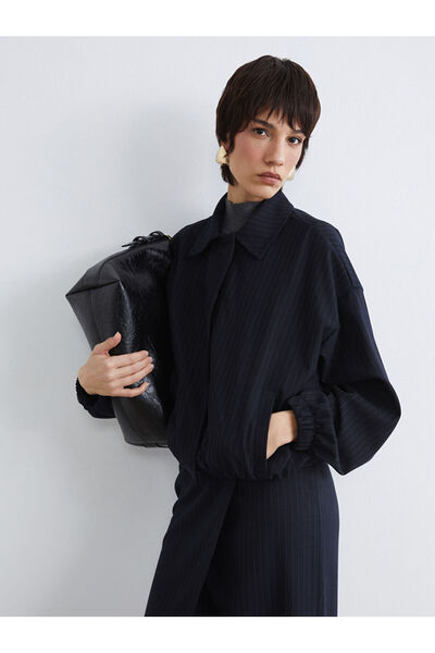 LC Waikiki Lcw Vision Navy Blue Striped Oversize Women's Shirt Jacket