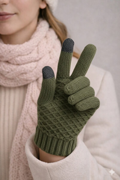 SİSTEM PELUŞ Stylish Women's Gloves with Knitted Pattern Compatible with Touc...