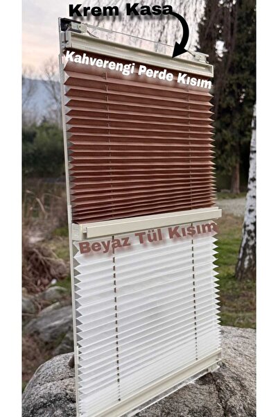 PerdoRa Home Kahverengi Plise Beyaz Tül Çift Sistem Perde - Gece Gündüz Kulla...