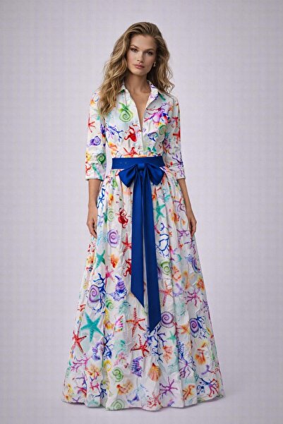 ALYEL NAKER فستان قميص ماكسي صيفي منقوش من الفوال الرقيق