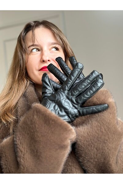 LUUN Siyah Desenli Suni Deri Kadın Eldiven