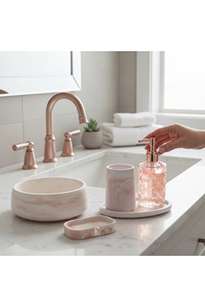 ODİ HOME 5 li Taş & Cam Banyo Seti Sıvı Sabunluk Diş Fırçalık Kase Tepsi Set ...