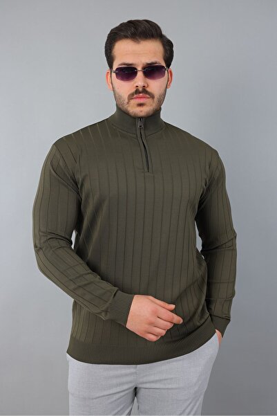 masso Men's Mock Neck Long Sleeve Half Zipper Self Patterned Knitwear