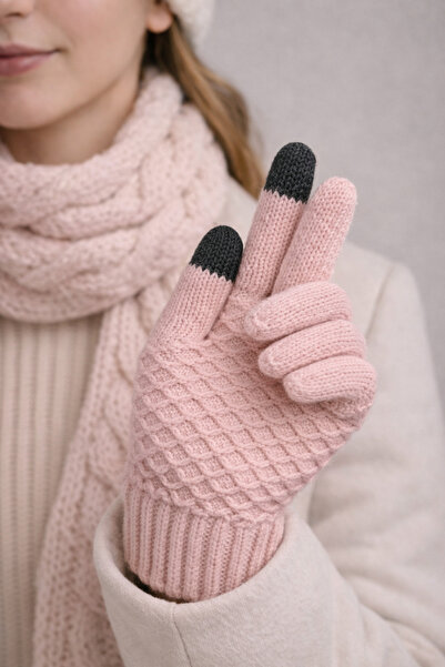 SİSTEM PELUŞ Stylish Women's Gloves with Knitted Pattern Compatible with Touc...