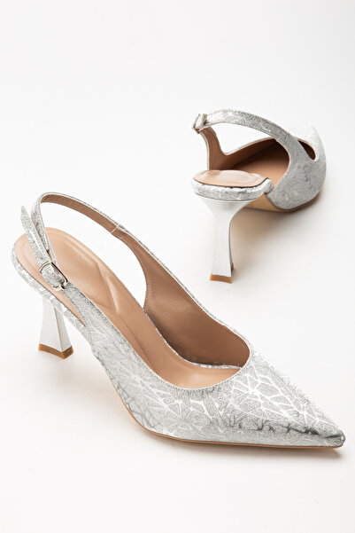 gümüştopuk حذاء سهرة بكعب عالٍ من مادة لامعة مفتوحة من الخلف