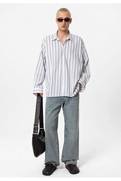 VAMOSCLO Striped Long Sleeve Oversized Linen Shirt Gray