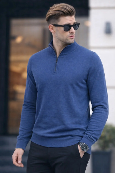 COMBİNE MİCHAİL Men's Half Zipper Casual Blue Knit Sweater