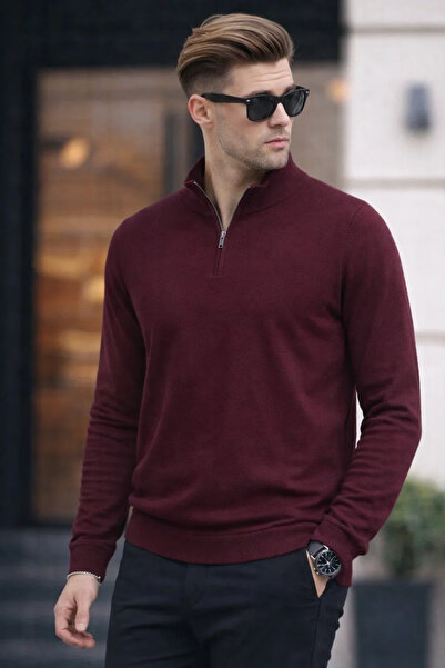COMBİNE MİCHAİL Men's Half Zipper Casual Burgundy Knit Sweater