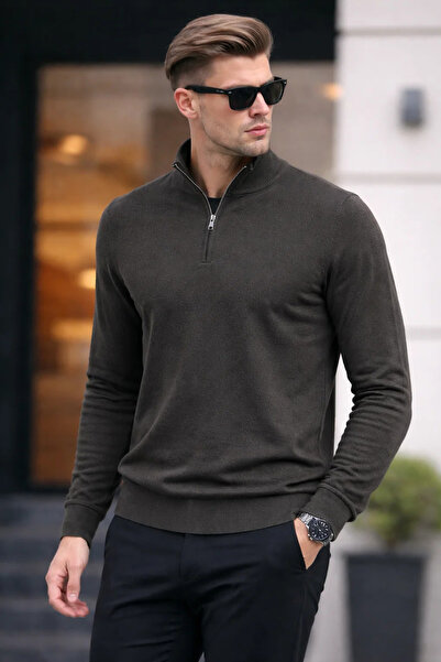 COMBİNE MİCHAİL Ανδρικό πλεκτό πουλόβερ με μισό φερμουάρ σε χακί χρώμα