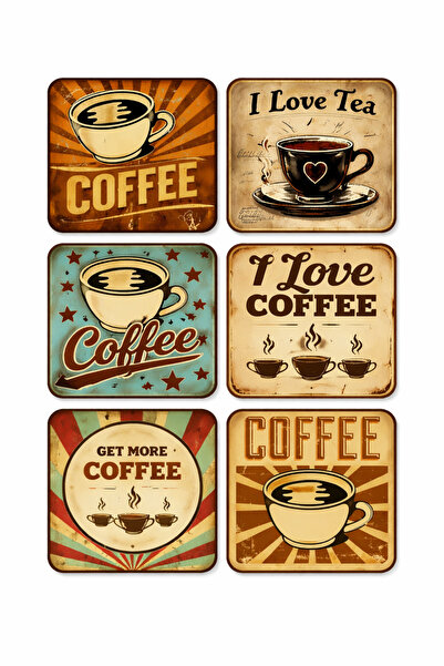 e&a care mix 6lı ahşap MDF uv baskı çay kahve retro temalı bardak altlığı 10 x 10 cm