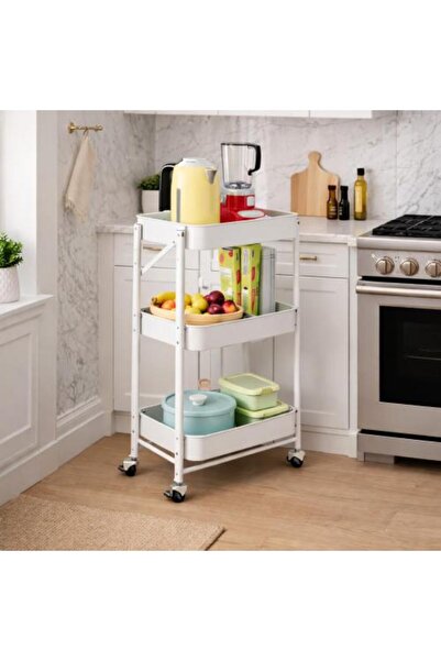 BINCA عربة تخزين وتنظيم معدنية بثلاثة أرفف وعجلات - أبيض