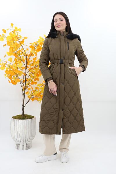 Doque Desenli Kemerli Kaban - Haki