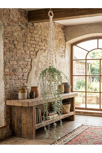 Lilac Home Makrome İplik Saksılık İçerisinde Beyaz Saksılı Yoğun Dallı Pastel...