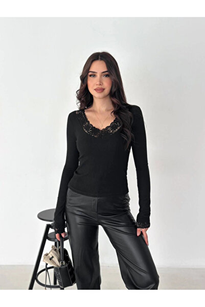 Cool & Sexy V Neck Lace Detail Black Blouse