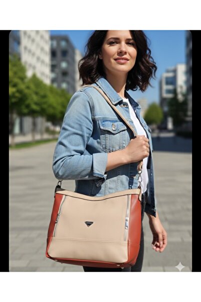 eflanmoda Sanmorris 5 Compartment Cream Tan Women's Shoulder Bag