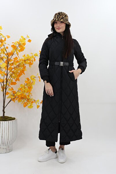 Doque Kemer Detaylı Astarlı Kaban - Siyah