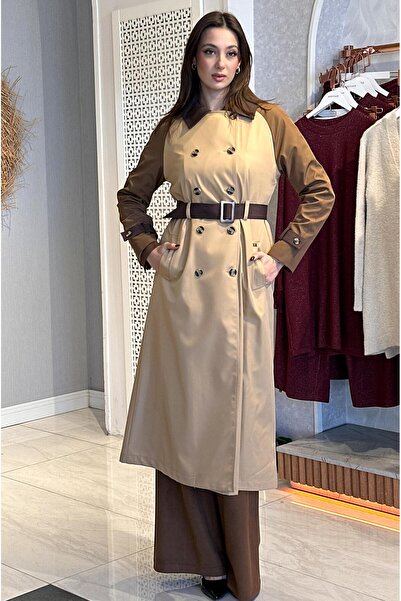 Doque Renk Bloklu İçi Kürklü Kemerli Trençkot Ceket - Bej