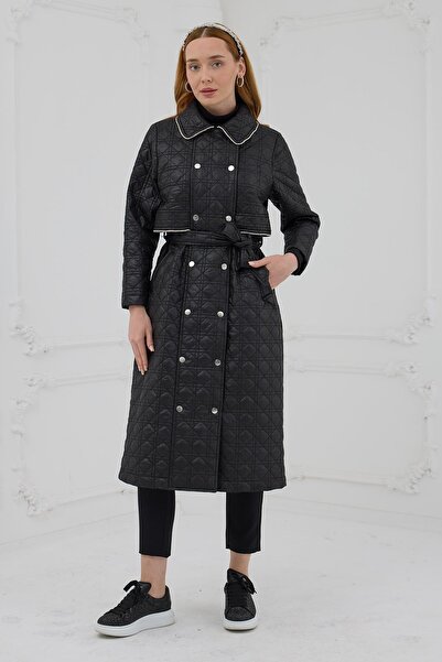 Moodbasic Stone Striped Quilted Long Cap - Black