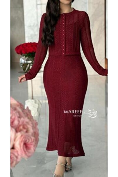 WAREEF FASHION طقم ناعم عنابي بتطريز ناعم وقصة مستقيمة