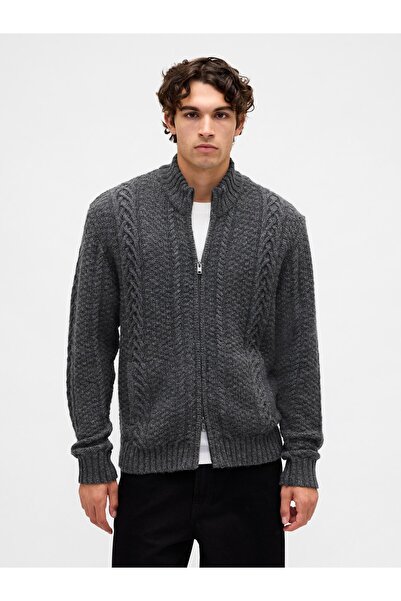 GAP Erkek Koyu Gri Wool-Blend Cable-Knit Fermuarlı Triko Hırka