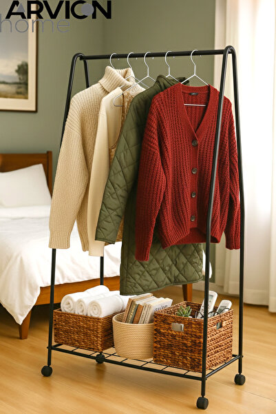 ARVİONHOME Tekerli Metal Elbise Askılığı Taşınabilir ve Dayanıklı Raflı Giysi...
