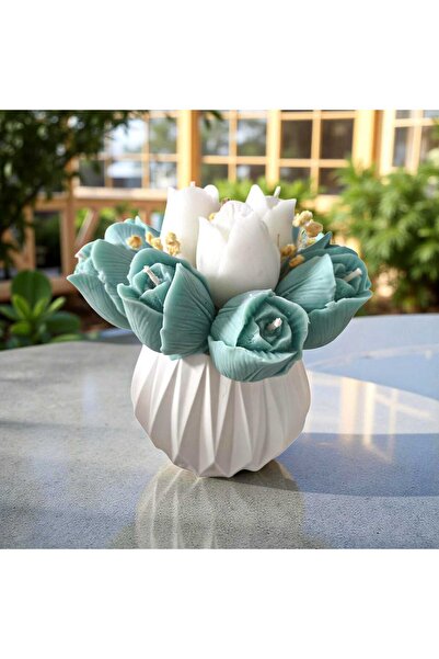 MODA Turkuaz & Beyaz Lale Buketi Mum – El Yapımı Taş Tozu Vazo