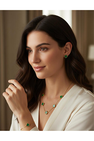 staınless steel Kadın Paslanmaz Çelik 4 Yapraklı Yonca Kolye, Bileklik ve Küp...