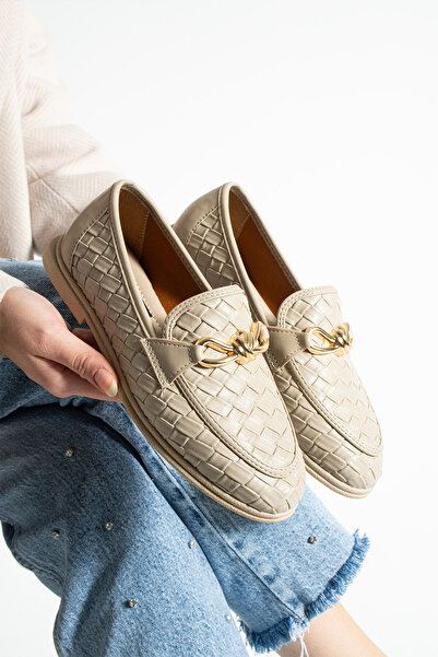 Lebibe Shoes Maby Women's Beige Knitted Textured Chain Detailed Loafer Flat S...