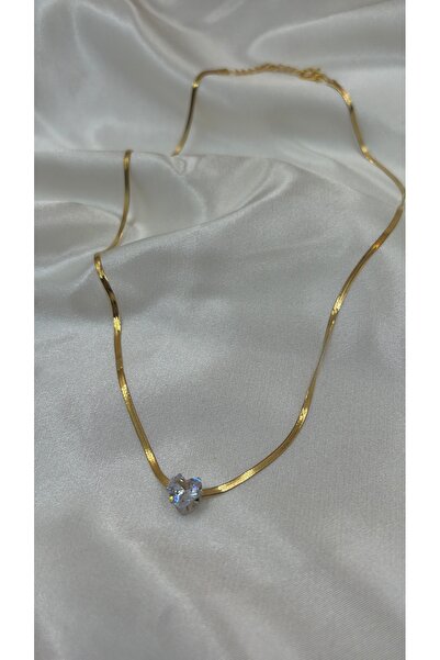 Eylülün Takısı Women's Gold Color Sparkling Heart Snake Chain Steel Necklace