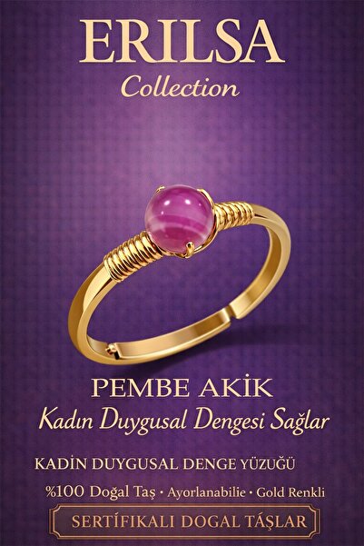 Erilsa خاتم الطاقة للتوازن العاطفي للنساء معتمد - عقيق وردي قابل للتعديل بميز...