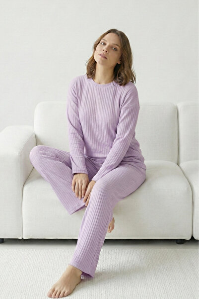 Farya Home Kalın Kışlık İnterlok Şeritli Uzun Kollu Örme Pijama Takımı