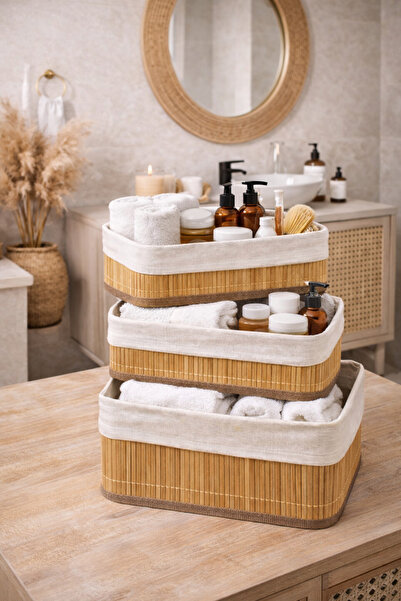MUBX Triple Bamboo Basket Organizer Home Organizer Multi-Purpose Kitchen Bath...