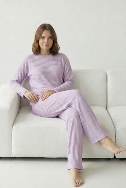 Farya Home Kalın Kışlık İnterlok Şeritli Uzun Kollu Örme Pijama Takımı
