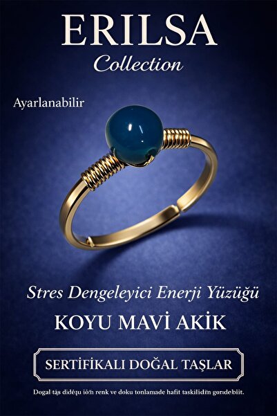 Erilsa Certified Stress Balancing Energy Ring – Dark Blue Agate with Gold Set...