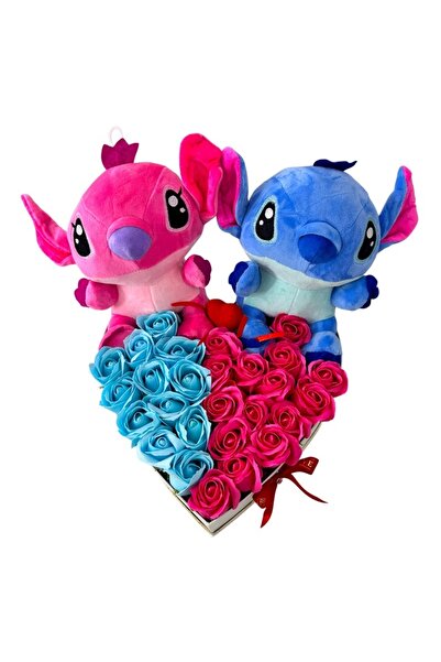velve Aranjament cadou cu flori de sapun si jucarii de plus Stitch in cutie i...