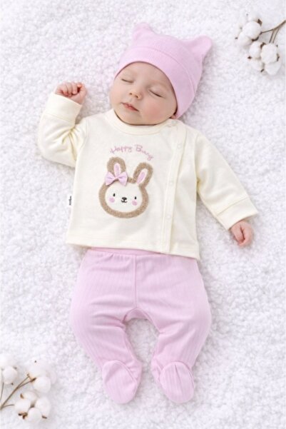 Pure Boutique Costumas bebelusi 3 piese crem-roz, bumbac premium, model iepuras